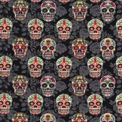 Novelty Cotton Fabric Decorative Skulls On Black Floral