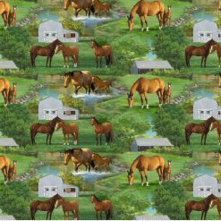 Horse Scenic on Green Novelty Cotton Fabric