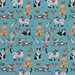 Novelty Cotton Fabric Cat and Mouse on Blue
