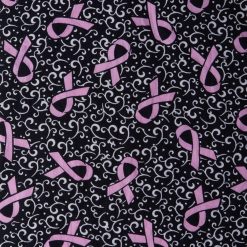 Breast Cancer Ribbons   Swirls Black Batik Cotton Fabric