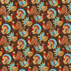 Fall Teal Turkeys on Brown Cotton Fabric