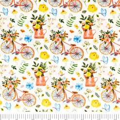 Singer Bikes And Gardening White Cotton Fabric