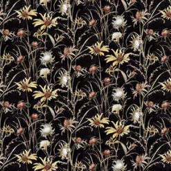 Goldfinch Thistle on Black Premium Cotton Fabric