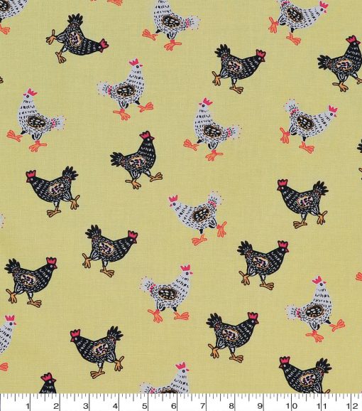 Novelty Cotton Fabric Yellow Pattern Chickens