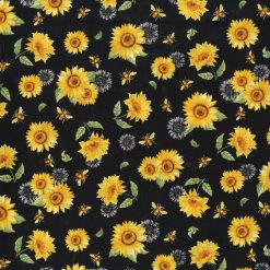 Hi Fashion Sunflowers And Bees Black Premium Print Cotton Fabric