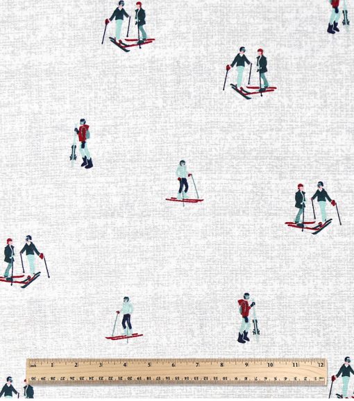 Skiers on White Novelty Cotton Fabric - Image 3