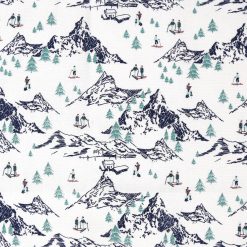 Skiing In The Mountains on White Novelty Cotton Fabric