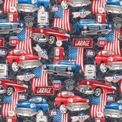 Fabric Traditions Car Travel Americana on Black Novelty Cotton Fabric