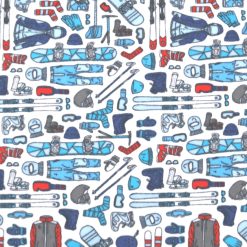 Ski   Snowboards on White Anti Pill Fleece Fabric