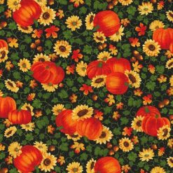 Fall Harvest Bounty Pumpkins on Black Glitter Cotton Fabric