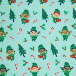 Green Elves   Trees on Blue Anti Pill Fleece Fabric