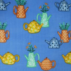 Home Grown Flower Tea Pots on Blue Anti Pill Fleece Fabric