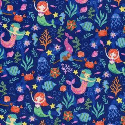 Hi Fashion Underwater Mermaids on Blue Novelty Cotton Fabric