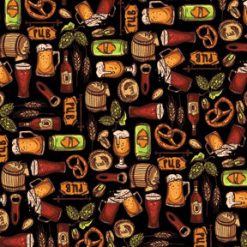 Beer   Pretzels on Black Novelty Cotton Fabric