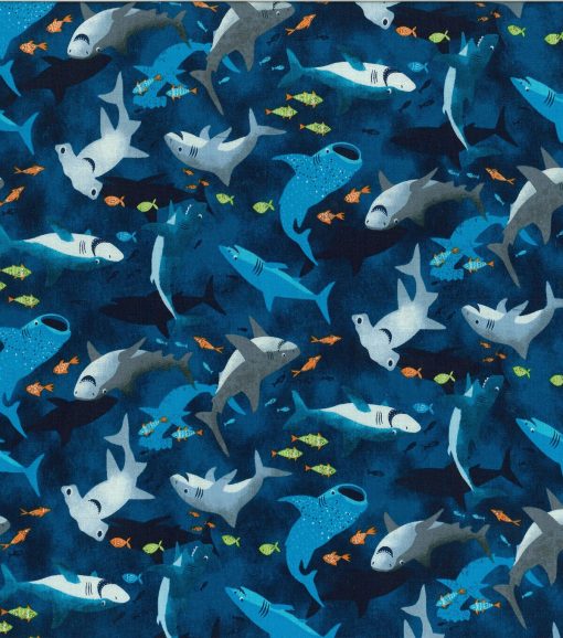 Novelty Cotton Fabric Smiley Sharks Navy - Image 2