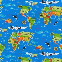 Animals Around The World on Blue Novelty Cotton Fabric