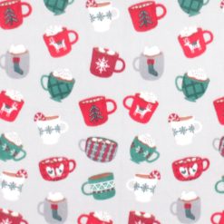 Red   Green Christmas Mugs on Gray Anti Pill Fleece Fabric