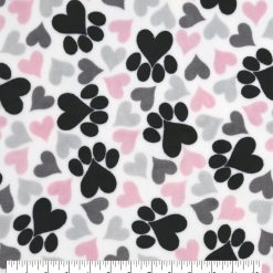 Sew Lush Fleece Fabric Pink Gray Heart Paw
