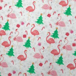 Flamingos   Trees on White Christmas Cotton Fabric