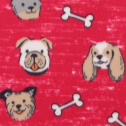 Dog Faces With Bones on Red Blizzard Fleece Fabric