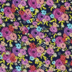 Navy Floral Double Faced Pre Quilted Cotton Fabric