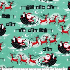 Santa Sleigh on Aqua Super Snuggle Christmas Flannel Fabric