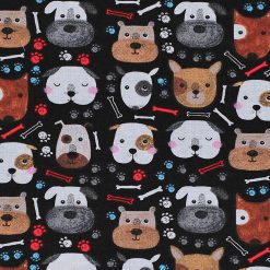 Novelty Cotton Fabric Dog Faces on Black