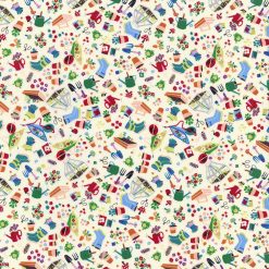 Hi Fashion Gardening Tools on White Novelty Cotton Fabric