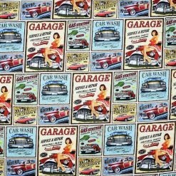 Vintage Garage Signs Novelty Cotton Fabric