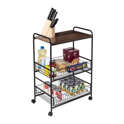 Honey Can Do 34 Black   Walnut 3 Tier Cart With Wood Shelf   Baskets