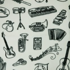 Sketched Instruments on Gray Anti Pill Fleece Fabric