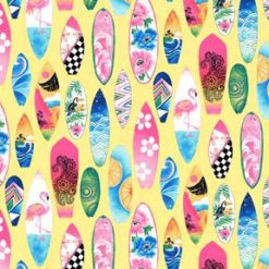 Fabric Traditions Surfboards on Yellow Novelty Cotton Fabric