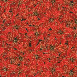 Red Gilded Poinsettias Christmas Metallic Cotton Fabric