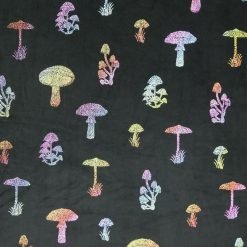 Mutlicolor Metallic Mushrooms on Black Pure Plush Fleece Fabric
