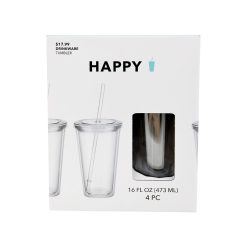 16oz Clear Plastic Tumbler Set With Straws 4pk by Happy