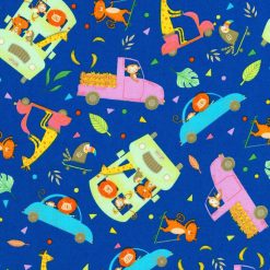 Safari Wheels on Blue Novelty Cotton Fabric