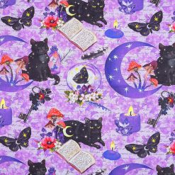 Mystical Black Cats on Purple Novelty Cotton Fabric