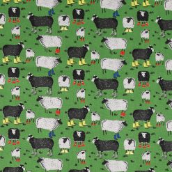 Sheep In Rainboots on Green Novelty Cotton Fabric