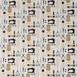 SINGER Sewing Tools on Brown Cotton Fabric by Keepsake Calico