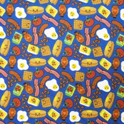 Happy Breakfast Foods on Blue Novelty Cotton Fabric