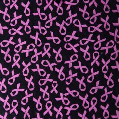 Breast Cancer Ribbons On Black Batik Cotton Fabric