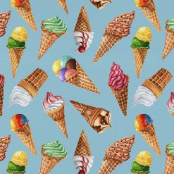 David Textiles Ice Cream Cones on Blue Novelty Cotton Fabric