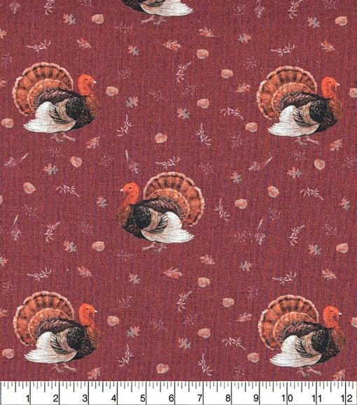 Turkeys On Maroon Cotton Fabric - Image 2