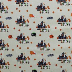 Halloween Haunted House on White Cotton Fabric