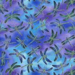 Hi Fashion Flying Dragonflies on Blue Novelty Metallic Cotton Fabric