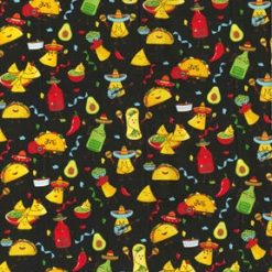 Taco Party on Black Novelty Cotton Fabric