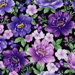 Hi Fashion Dahlias on Black Premium Cotton Fabric