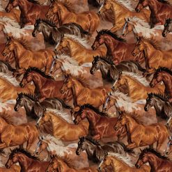 Brown Herd Of Running Horses Novelty Cotton Fabric