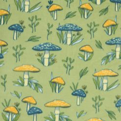 Mushrooms   Leaves on Green Anti Pill Plush Fleece Fabric