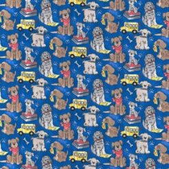 Back To School Puppies on Blue Novelty Cotton Fabric